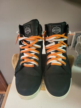 Harley-Davidson Black High-Top Boots with Orange and White Laces
